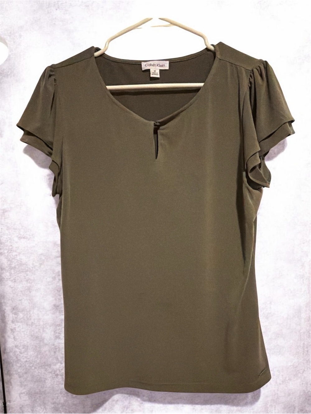 Calvin Klein Olive Green Short Sleeve Ruffle Top